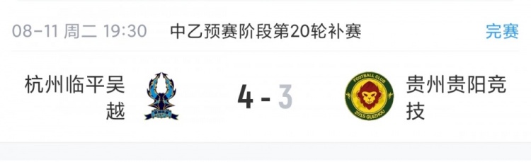 杭州临平吴越补赛4-3力克贵阳竞技 预赛剩2轮距前四3分