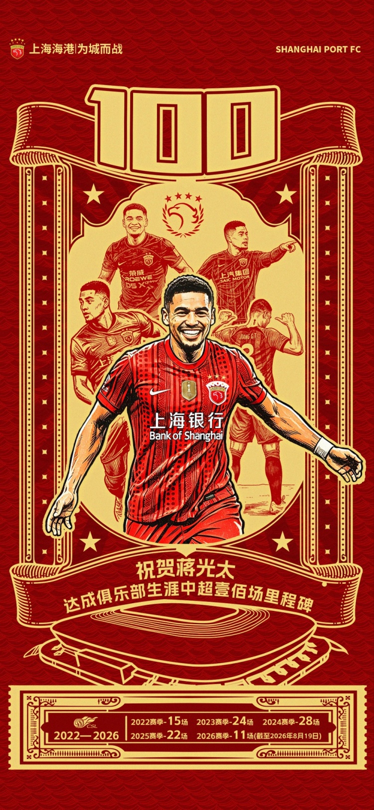 蒋光太中超百场达成，上海海港后防线核心迎里程碑