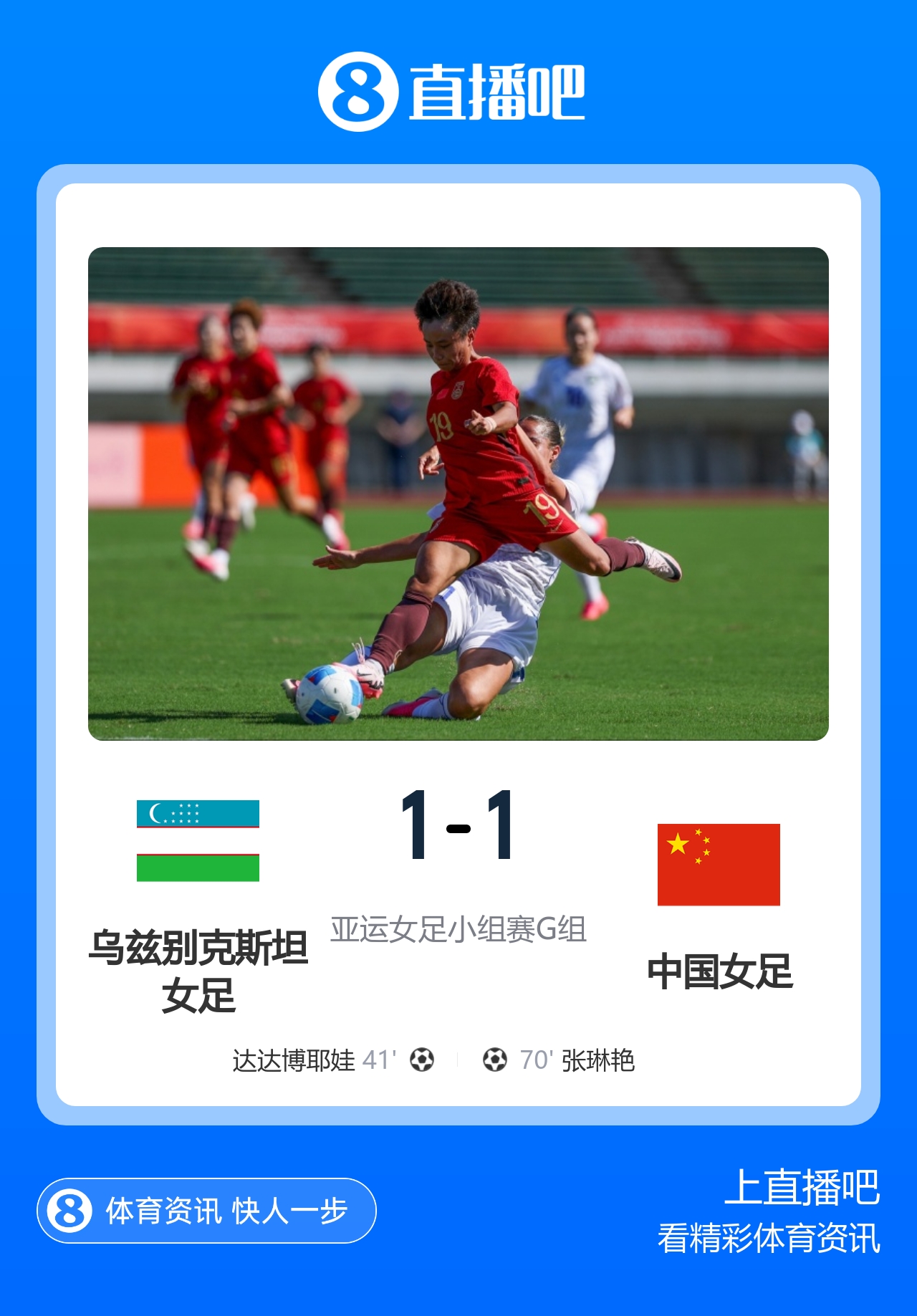 中国女足队史首次战平乌兹别克，此前中国女足9战9胜进58球丢1球